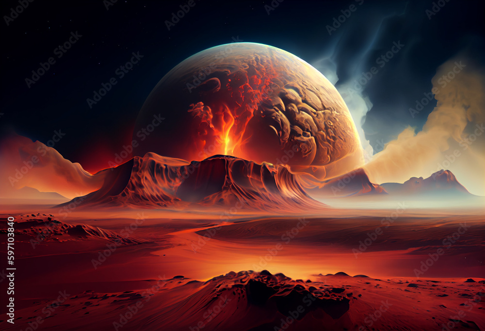Poster a fiery, red planet with a swirling dust storm that resembles the surface of mars. generative ai tec