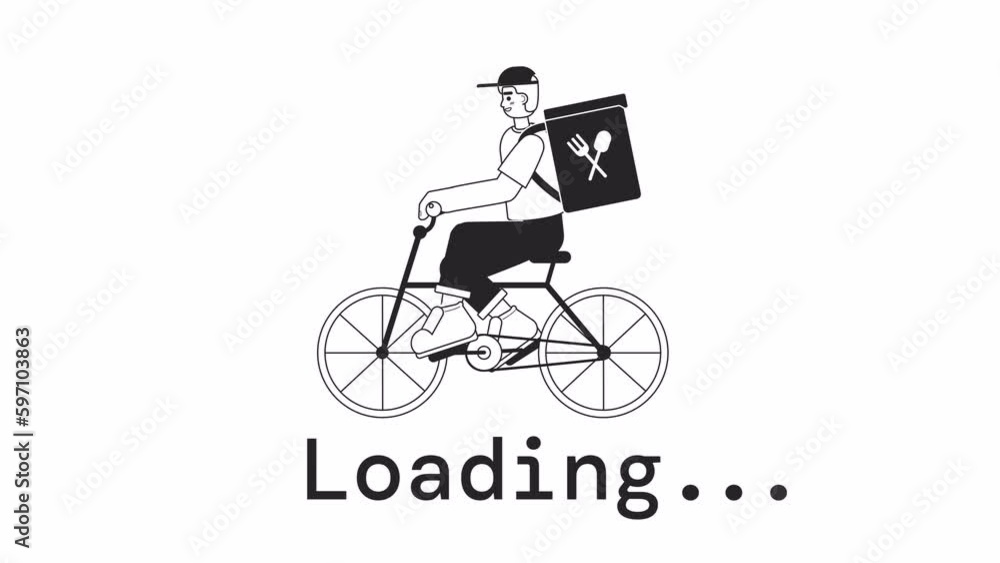 Poster bike courier bw loader animation. delivery on electric bicycle. flash message 4k video footage. isol