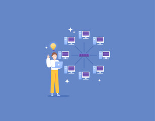 Network Engineer. an IT staff creates network design, Performs installation and configuration, and Network monitoring. star topology. jobs and professions. illustration concept design. vector elements