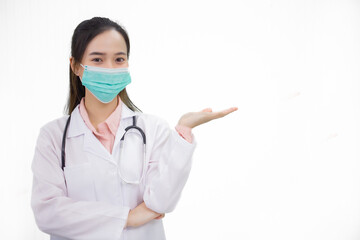 Professional Asian woman doctor wears medical face mask to protect Coronavirus or Covid 19 or pathogen and dust in health care concept and shows hand up on white background.