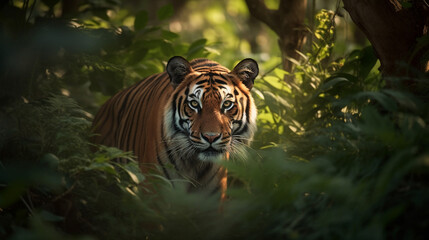 A tiger in the jungle looking to hunt for food