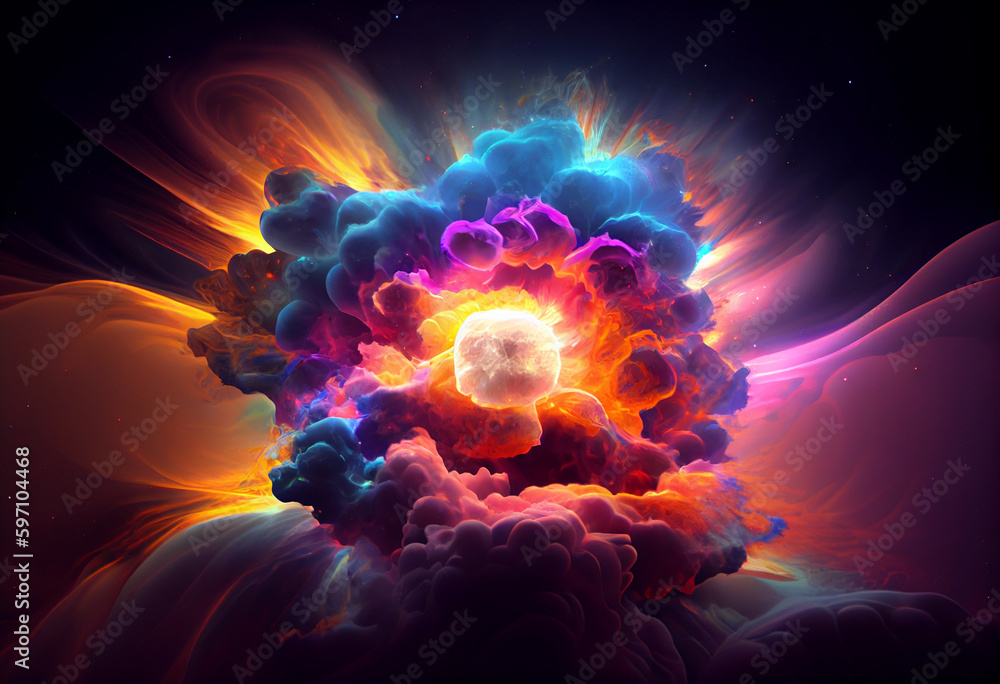 Poster A cosmic explosion of intermingling colors and shapes. Generative AI technology.