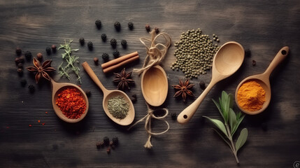 Wooden spoon and ingredients fresh spices on old black wooden table background - Generative AI