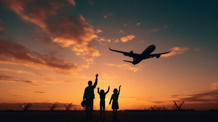 silhouette of a family with hands up looking at the airplane