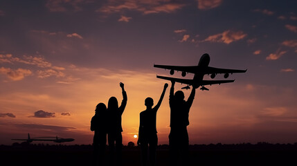 silhouette of a family with hands up looking at the airplane
