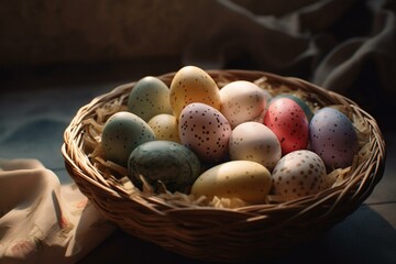 Obraz na płótnie Canvas Basket of soft-colored Easter eggs. Generative AI