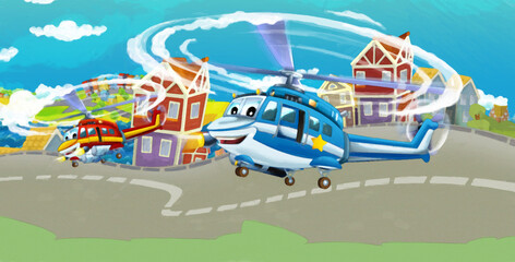 Obraz na płótnie Canvas cartoon happy scene with helicopter flying in city