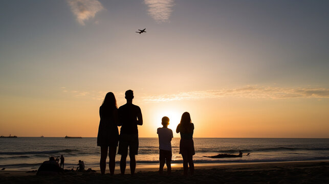 silhouette of a family looking at the airplane