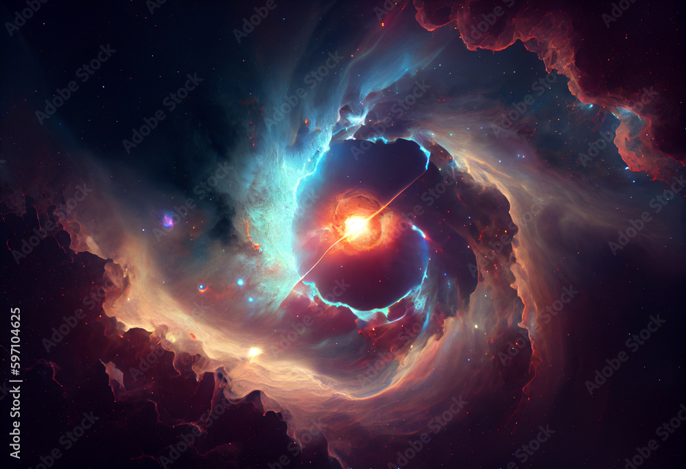 Poster a vast, dark expanse punctuated by bright stars and swirling nebulas. generative ai technology.