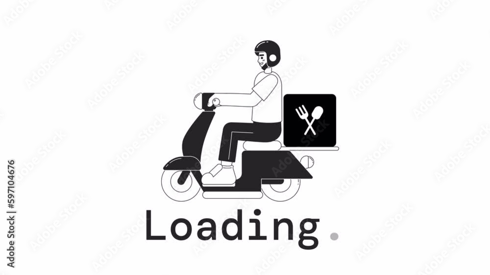 Poster deliver on moped bw loader animation. meal kit courier driving. flash message 4k video footage. isol