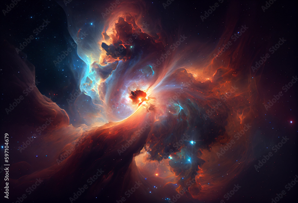 Poster a vast, dark expanse punctuated by bright stars and swirling nebulas. generative ai technology.