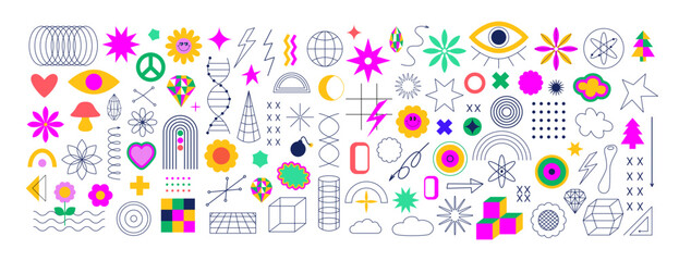 Set of modern geometric shapes. Trendy playful geometry, line art, frames. Y2k, abstract memphis graphic elements. Retro vintage concept for banner, poster, advertising, web, cards, flyers.