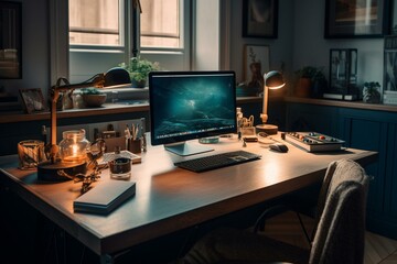 Work desk in residential workspace. Generative AI