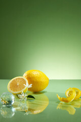 A front view of peel and halves of lemon, white flower and crystal ball decorated on green...