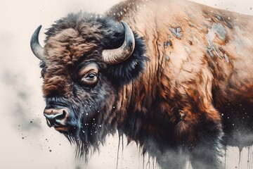 Watercolor painting of a Scandinavian-style bison printed on canvas. Generative AI
