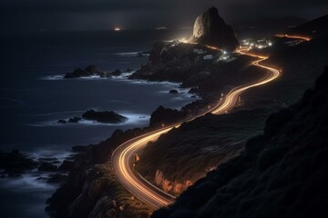 Coastal road with curves at night. Generative AI