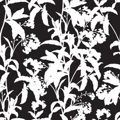  Black and White Flowers. Decorative vector seamless pattern. Repeating background. Tileable wallpaper print.