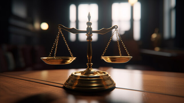 Law theme, mallet of judge, wooden desk background, copy space