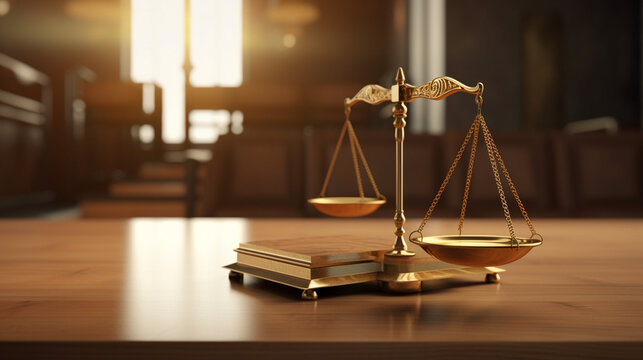 Law theme, mallet of judge, wooden desk background, copy space