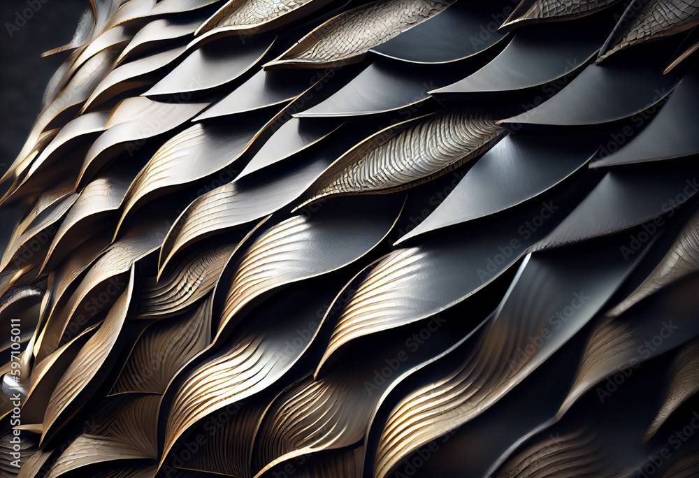 Leinwandbilder A complex, multi-layered pattern of interlocking shapes that resembles a dragon's scale armor. Generative AI technology.