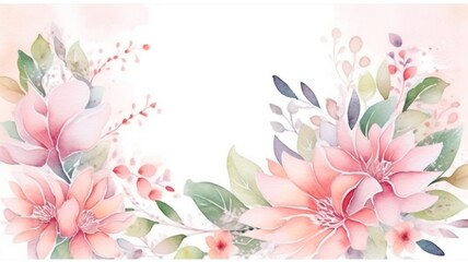 Watercolor floral background with place for text. Watercolor painting. Greeting card design, birthday, mother's day, wedding, etc. AI generated.