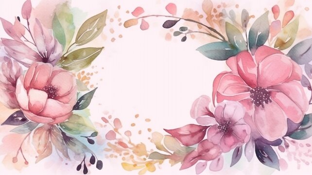 Fototapeta Watercolor floral background with place for text. Watercolor painting. Greeting card design, birthday, mother's day, wedding, etc. AI generated.