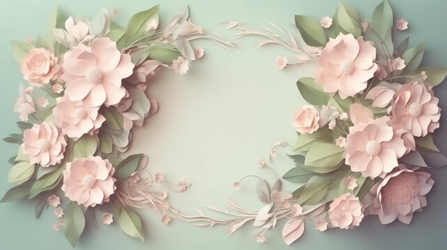 Flower frame with space for your text. Pastel colors. Greeting card design, birthday, mother's day, wedding, etc. AI generated.