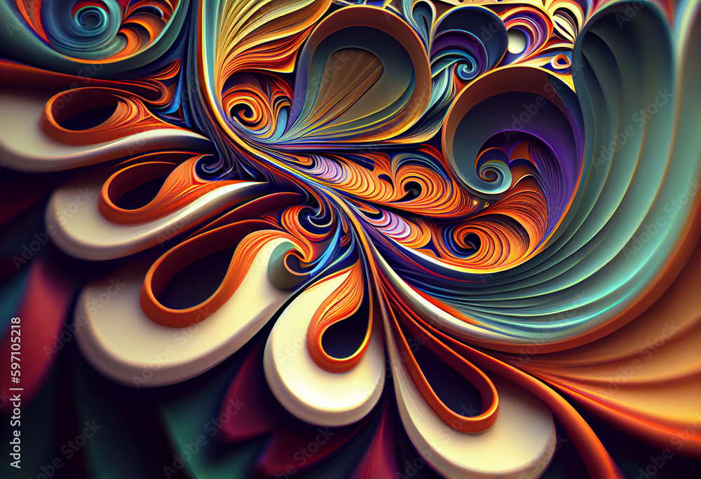 Poster a vibrant, swirling pattern of interlocking shapes that resembles a fairy's wings. generative ai tec