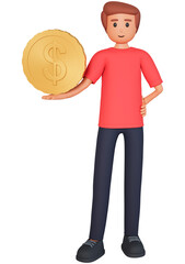 Man character stand and hold one money coin 3d illustration. 3d cartoon young man holding golden coin