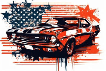 American Muscle Car, Silhouette 60s, american flag , illustration for  tshirt design, ai generative