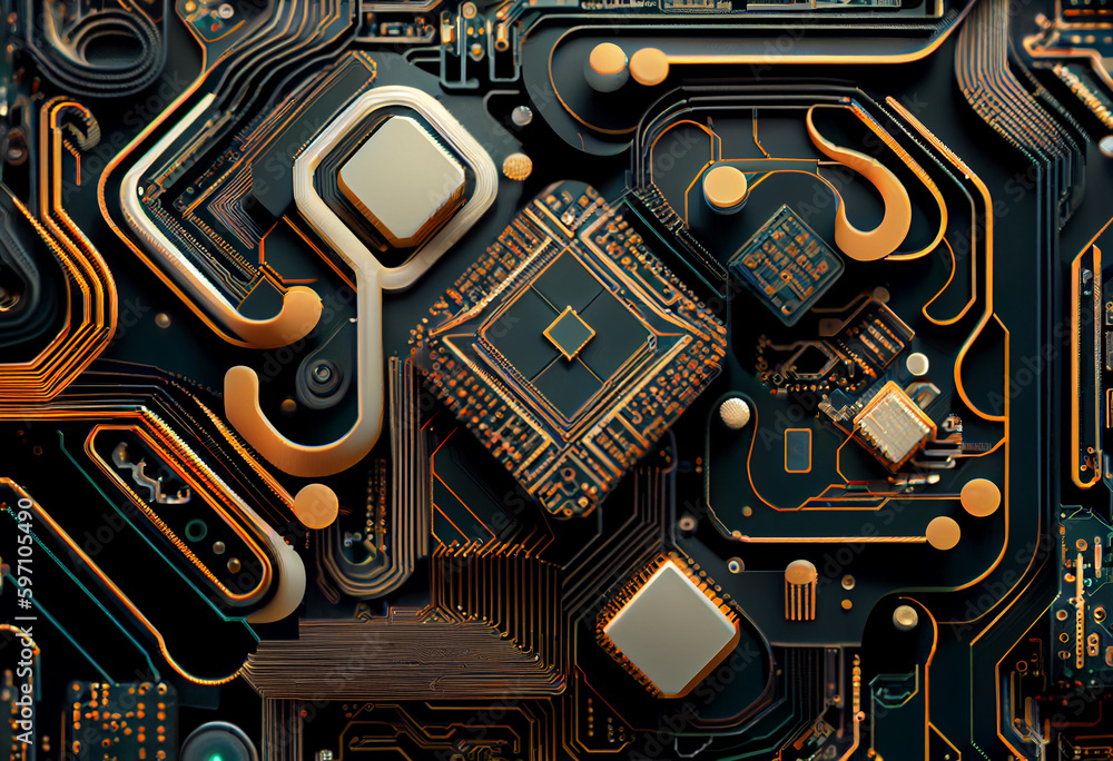Aufkleber A complex, multi-layered pattern of interlocking shapes that resembles a digital circuit board. Generative AI technology.
