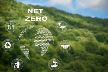 Ikony net zero w widoku z góry lasu dla środowiska naturalnego neutralnego pod względem emisji dwutlenku węgla oraz dla klimatu. Strategia długoterminowa cele emisji gazów cieplarnianych. - obrazy, fototapety, plakaty