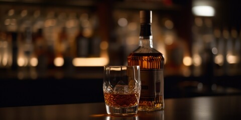 Obraz na płótnie Canvas Whiskey bourbon bottle and crystal glass close up, blur bar interior, copy space, Generative AI
