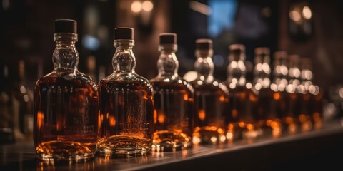 Whiskey bourbon bottles in a row, blur bar interior, Generative AI