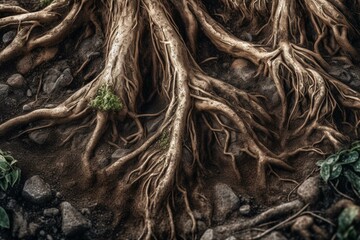 Close-up watercolor tree roots in soil with underground texture. Generative AI