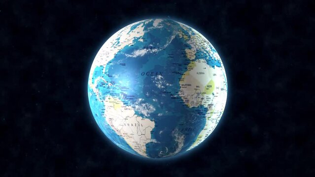 Planet Earth Globe with names of states, countries, continents, oceans and seas. Rotation of the Planet Earth Globe in the 3D outer Space, Cosmos. Video Animation 4k, 60 FPS Frame rate