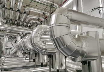 Industrial system with stainless steel ducts, forced ventilation of buildings and industrial equipment, large metallic ducts for air inlet and outlet, air renewal, industrial HVAC system - obrazy, fototapety, plakaty