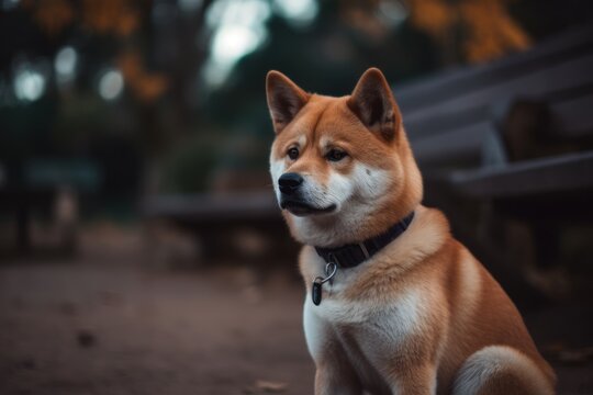 Conceptual portrait photography of an aggressive akita inu sitting against local parks and playgrounds background. With generative AI technology