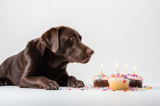 Lifestyle portrait photography of a curious labrador retriever eating a birthday cake against a white background. With generative AI technology