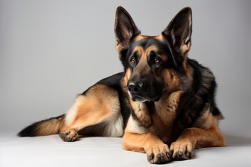 Naklejka na ściany i meble Environmental portrait photography of an aggressive german shepherd lying down against a white background. With generative AI technology
