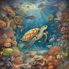 Obraz na płótnie Canvas A beautiful illustration under the sea with colorful fish, aquatic plants and corals