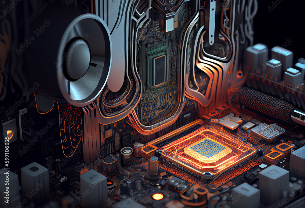 Poster a complex, multi-layered pattern of interlocking shapes that resembles a digital circuit board. gene