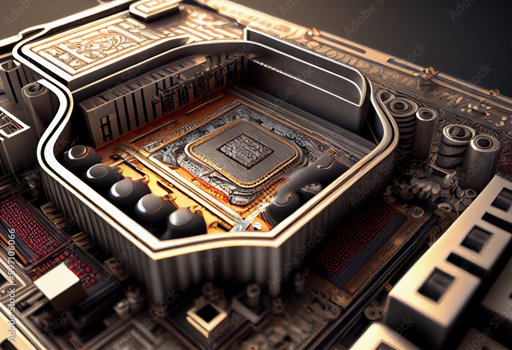 Aufkleber A complex, multi-layered pattern of interlocking shapes that resembles a digital circuit board. Generative AI technology.