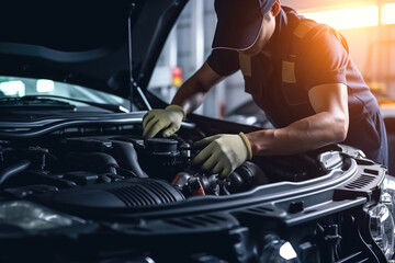 Professional mechanic  working on the engine of the car in the garage.  Car repair service. Ai generative