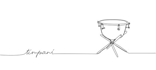 Timpani one line art. Continuous line drawing of Ethnic Drum, music, performer, song, vintage, rock, instrument, band, percussion, sound, bass, musician with an inscription, lettering, handwritten. © sahs94