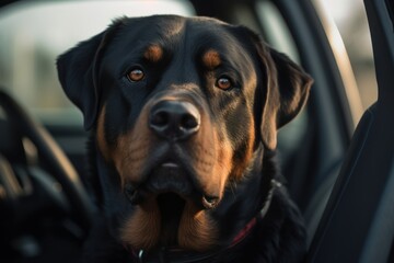 Lifestyle portrait photography of a curious rottweiler riding in a car against a white background. With generative AI technology