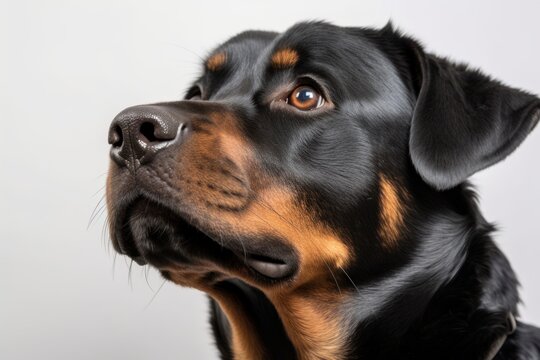 Lifestyle portrait photography of a curious rottweiler being at an art gallery against a white background. With generative AI technology