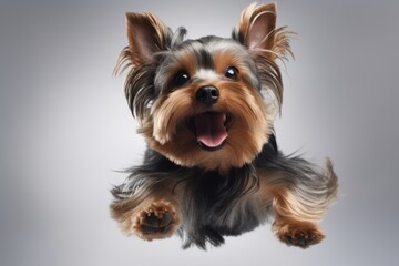 Lifestyle portrait photography of a happy yorkshire terrier swinging against a white background. With generative AI technology