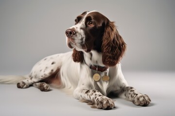 Full-length portrait photography of a tired english springer spaniel wearing a medal against a white background. With generative AI technology
