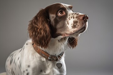 Full-length portrait photography of a tired english springer spaniel wearing a medal against a white background. With generative AI technology